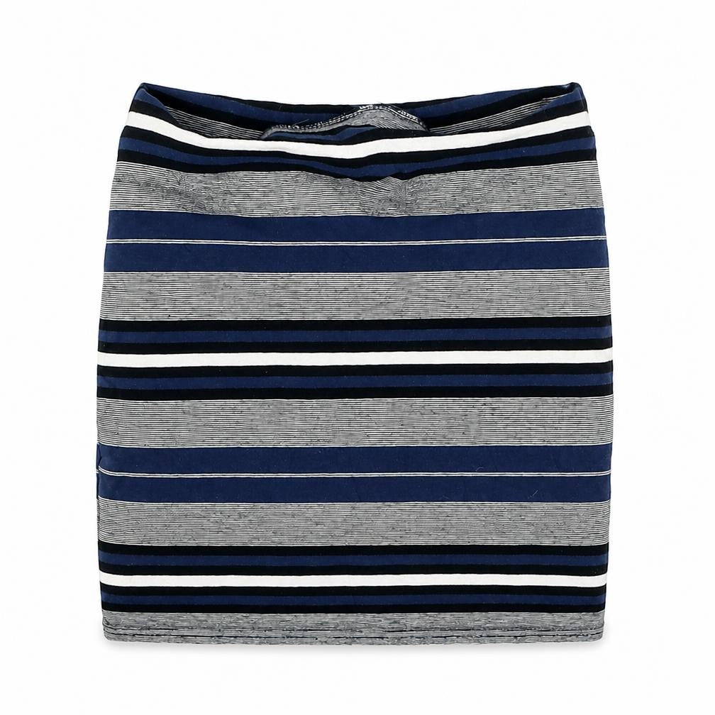 Front view of Miss Selfridge women’s blue striped viscose mini skirt, size UK 6
