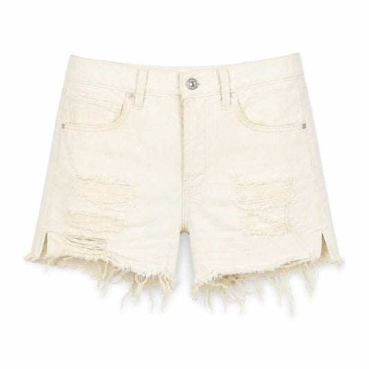 Front view of Mango women’s beige cotton cut-off shorts, size UK 6, regular button