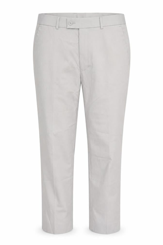 Front view of ASOS men’s grey polyester trousers, size 32, 24-inch leg regular button