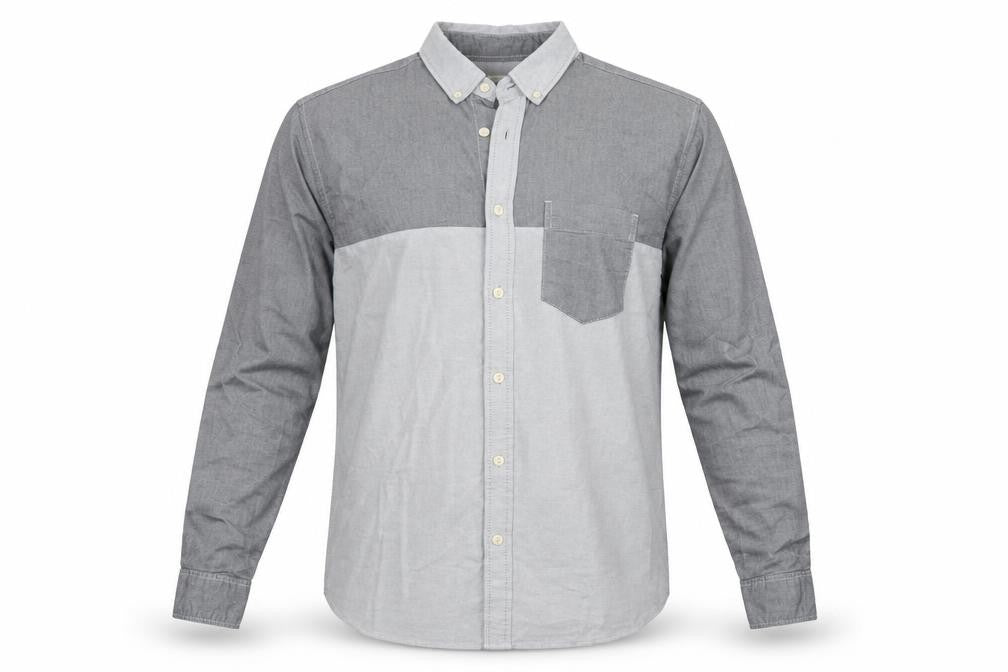 Front view of George men’s grey cotton button-up, size M, collared button