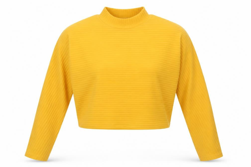 Front view of New Look women’s yellow polyester cropped t-shirt, size UK 8, mock neck