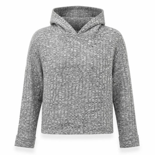 Front view of Boohoo women’s grey polyester pullover hoodie, size M, - cropped