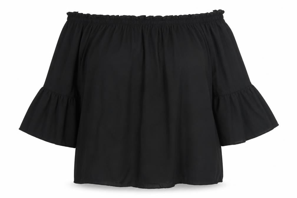 Front view of Zanzea women’s black polyester basic blouse, size 3XL, off the shoulder - bell sleeve
