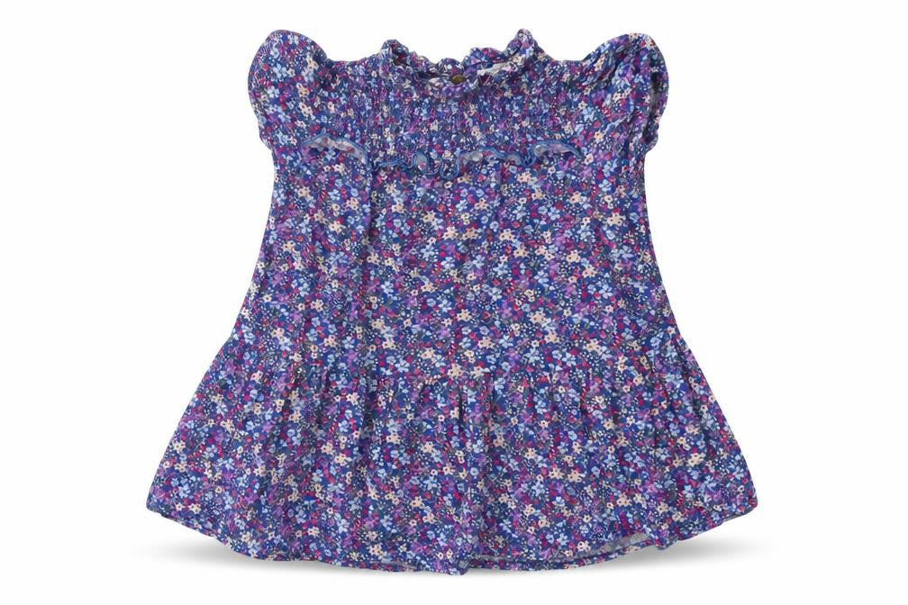 Front view of Next girls’ blue floral viscose a-line, size 4, years crew neck button