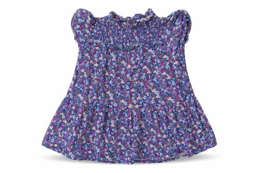 Front view of Next girls’ blue floral viscose a-line, size 4, years crew neck button