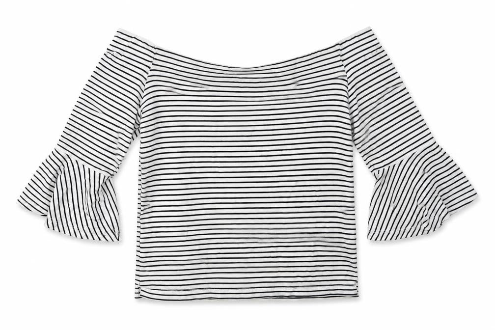 Front view of Topshop women’s white striped cotton basic t-shirt, size UK 10, off the shoulder