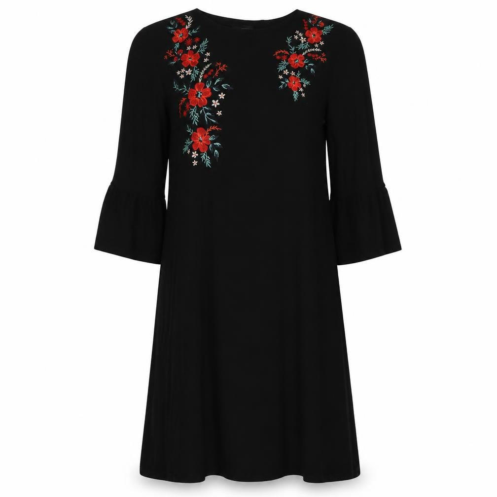 Front view of Matalan women’s black floral viscose a-line, size UK 10, v-neck pullover