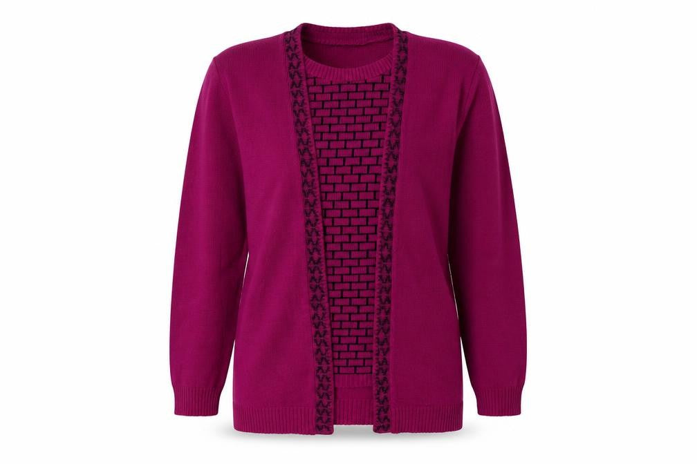 Front view of Glimpse Design women’s purple geometric acrylic pullover sweatshirt, size M, pullover