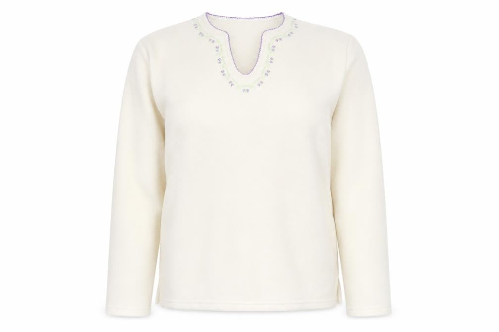 Front view of Neutral Territory women’s ivory v-neck polyester jumper, size S