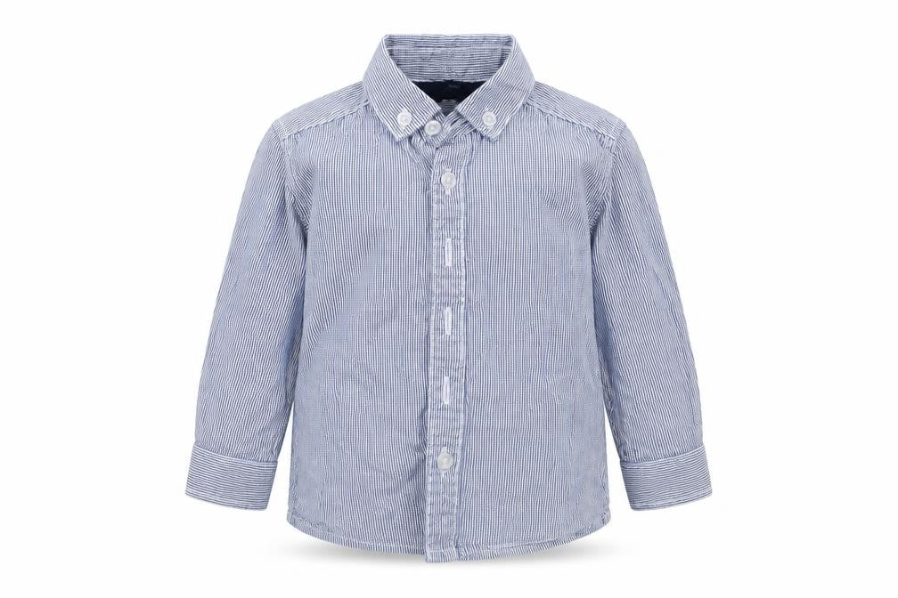 Front view of Mini Rebel boys’ blue cotton basic button-up, size 12-18, months collared