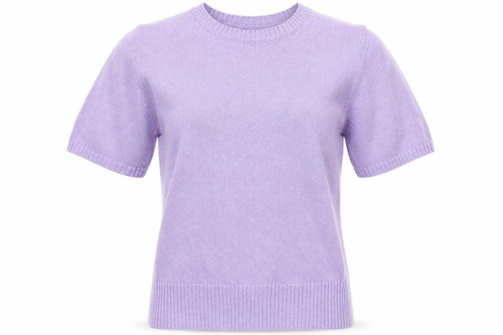 Front view of Stature women’s purple round neck cotton jumper, size UK 14