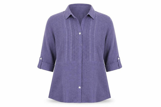 Front view of Bonmarché women’s purple polyester basic button-up, size UK 12, collared