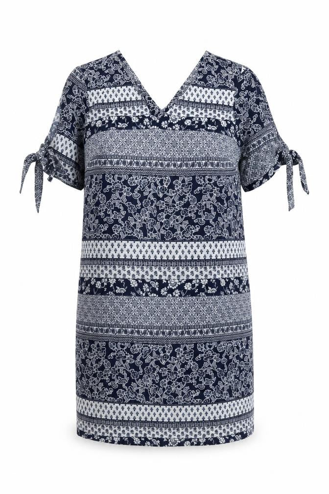 Front view of Peacocks women’s blue floral polyester shift, size UK 12, v-neck