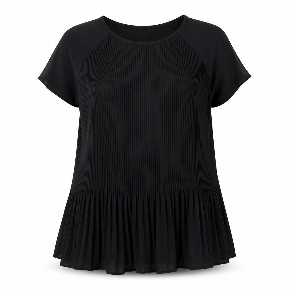 Front view of Dorothy Perkins women’s black striped polyester basic blouse, size UK 12, round neck - pleated