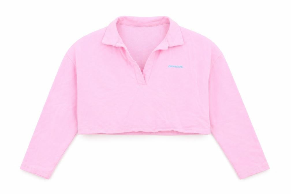 Front view of Boohoo women’s pink polyester pullover sweatshirt, size UK 10, - cropped