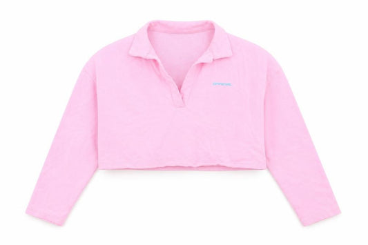 Front view of Boohoo women’s pink polyester pullover sweatshirt, size UK 10, - cropped
