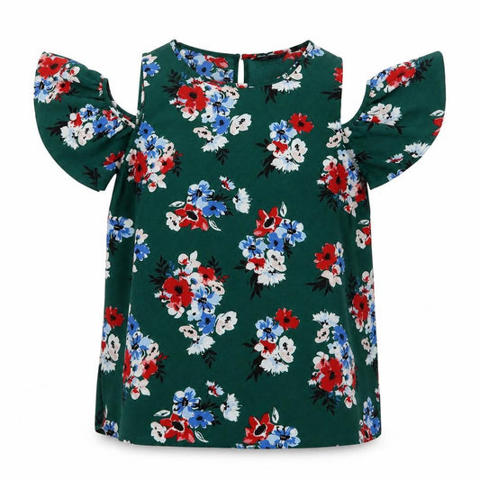 Front view of New Look women’s green floral polyester basic blouse, size UK 12, round neck - cold shoulder