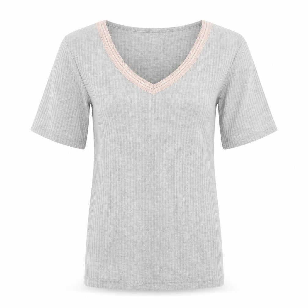 Front view of Matalan women’s grey solid polyester top pyjama top, size UK 8, - lace detail