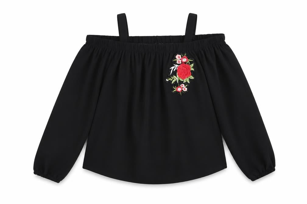 Front view of Primark girls’ black polyester basic blouse, size 9-10, years off the shoulder