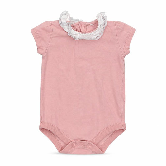 Front view of Tu Baby Pink Cotton Romper One-Piece, size 9-12, Months Snap - Lace Detail