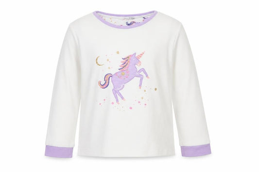 Front view of John Lewis girls’ white solid cotton top pyjama top, size 8, years pullover - unicorn purple