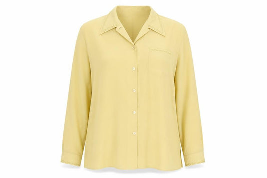 Front view of Bonmarché women’s yellow polyester basic button-up, size UK 22, collared
