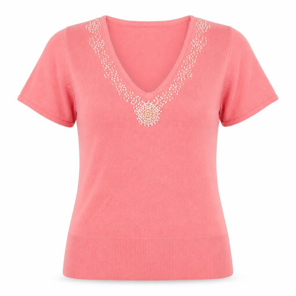 Front view of George women’s pink v-neck acrylic jumper, size UK 14