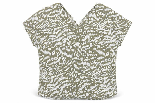 Front view of Primark women’s green animal print polyester basic blouse, size UK 10, v-neck