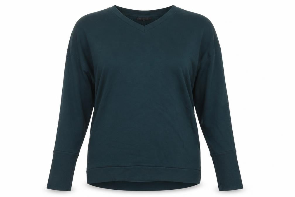 Front view of Topshop women’s green v-neck polyester jumper, size UK 8