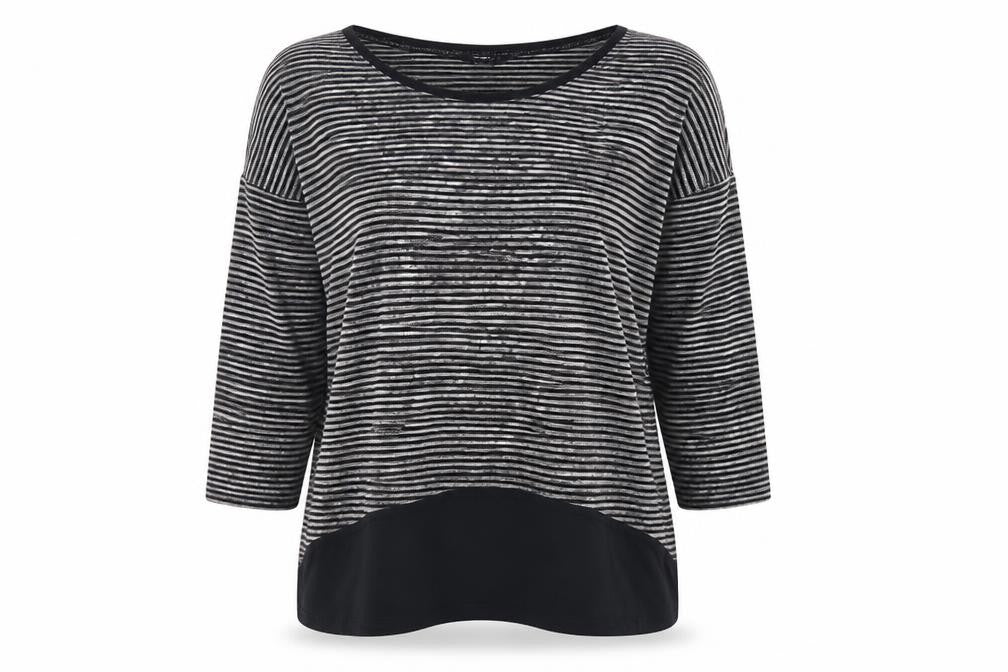 Front view of F&F women’s black striped polyester basic t-shirt, size UK 8, round neck