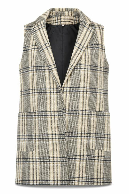 Front view of SHEIN women’s beige plaid 3-in-1 jacket blazer, size L