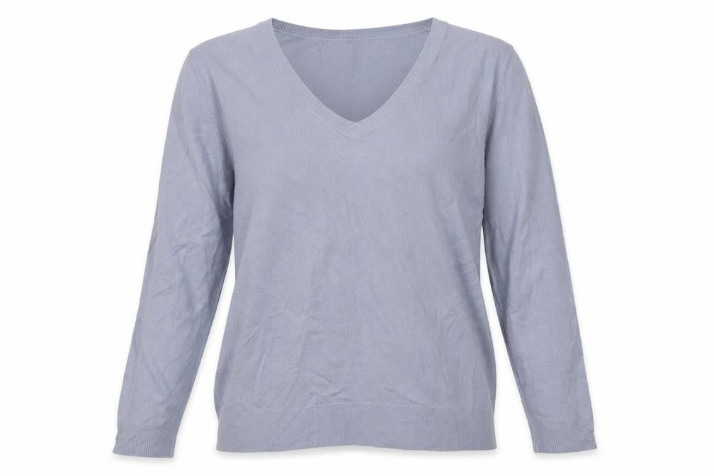 Front view of Marks & Spencer women’s blue acrylic pullover sweatshirt, size UK 16, pullover