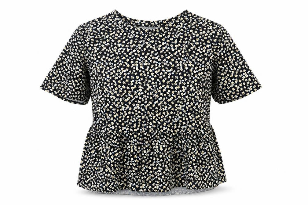 Front view of Pull&Bear women’s black floral cotton basic t-shirt, size S, round neck
