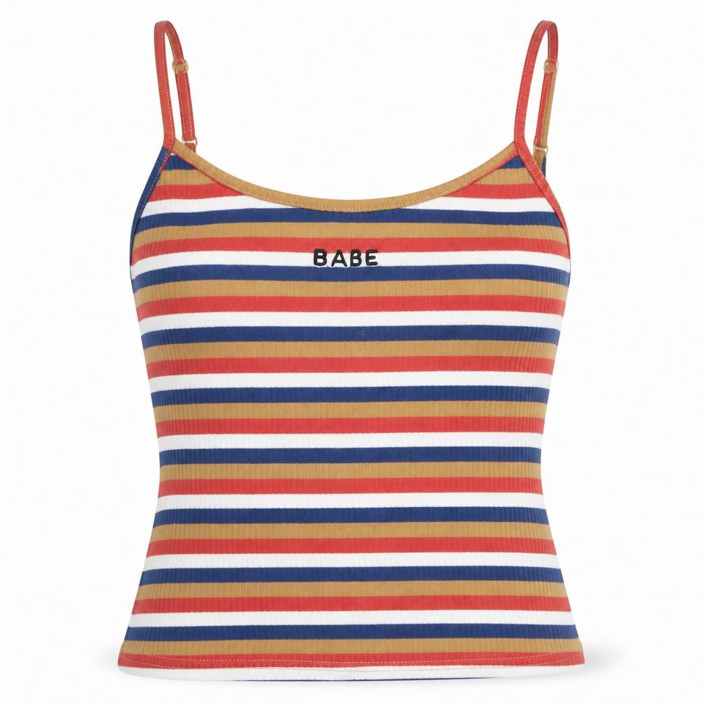 Front view of SHEIN women’s beige striped polyester camisole tank, size S, round neck