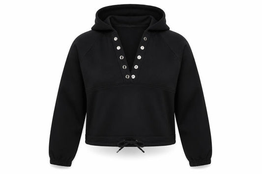 Front view of PRETTYLITTLETHING women’s black cotton pullover hoodie, size S