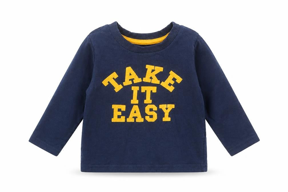 Front view of Mini Rebel Baby Blue Cotton Basic T-Shirt, size 9-12, Months Round Neck - Take it Easy