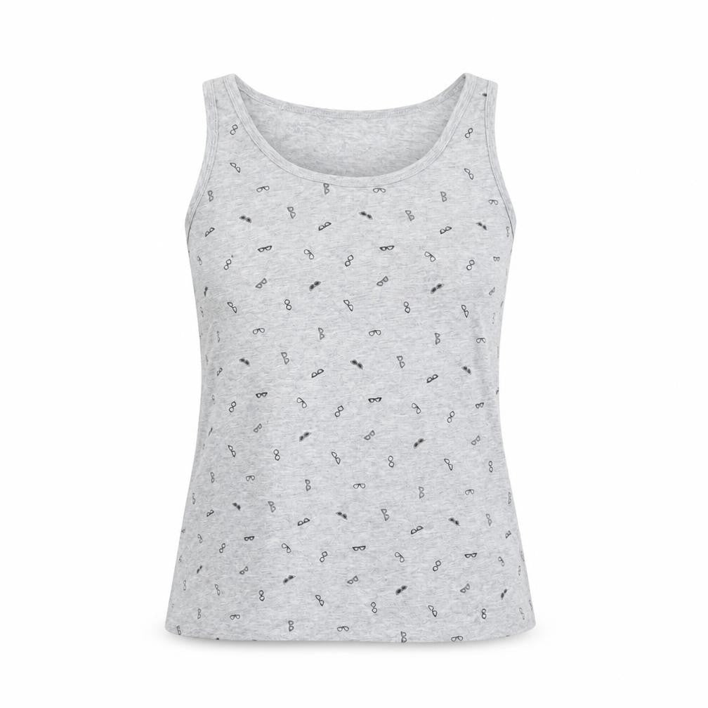 Front view of Reitmans women’s grey cotton basic tank, size L, round neck - sunglasses