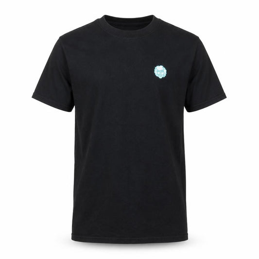 Front view of Preworn men’s black cotton t-shirt, size S, round neck - face
