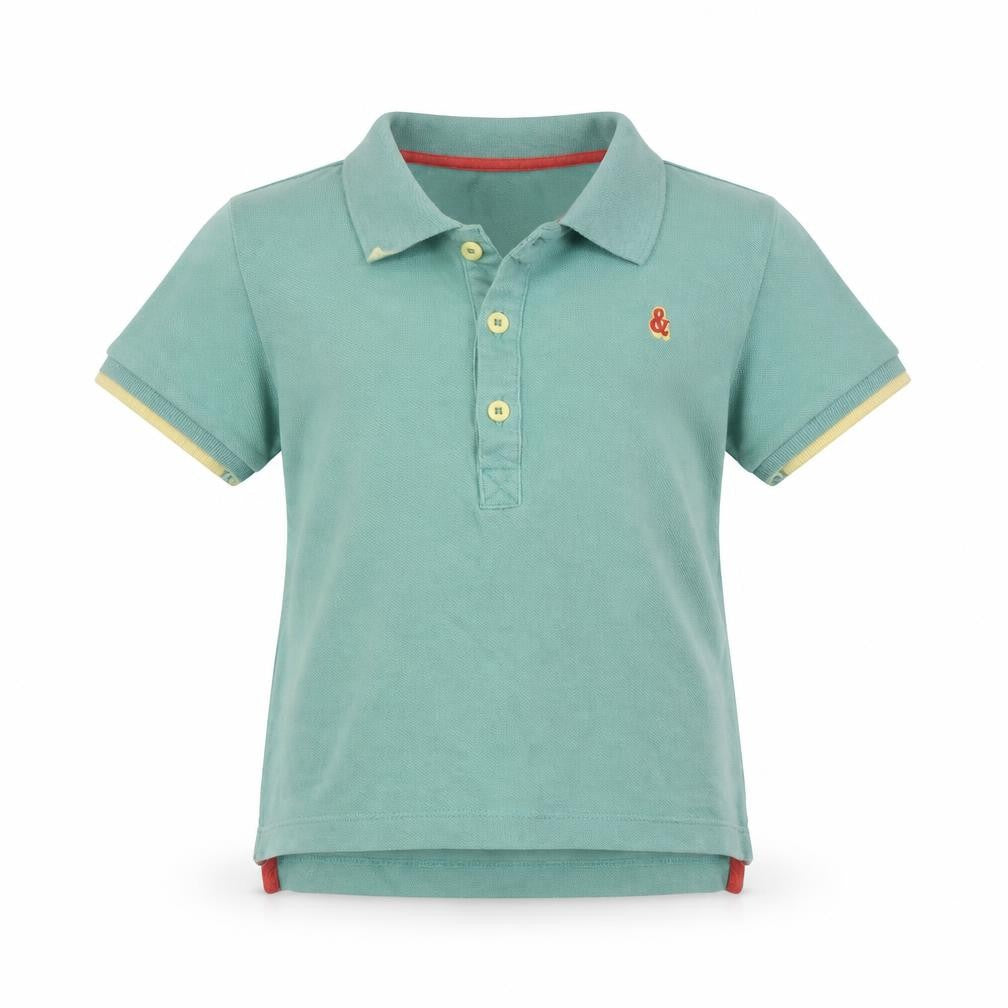 Front view of mamas & papas boys’ green cotton basic polo, size 4-5, years collared