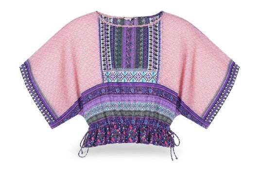 Front view of New Look women’s multicoloured geometric polyester basic blouse, size UK 10, round neck