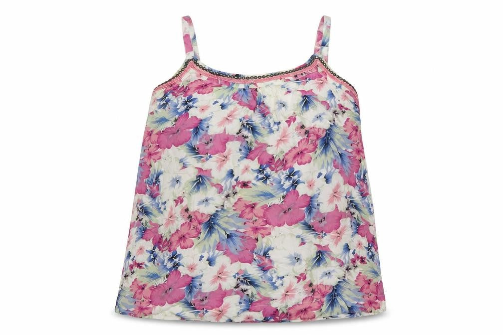 Front view of M&Co women’s multicoloured floral viscose basic tank, size UK 12, round neck