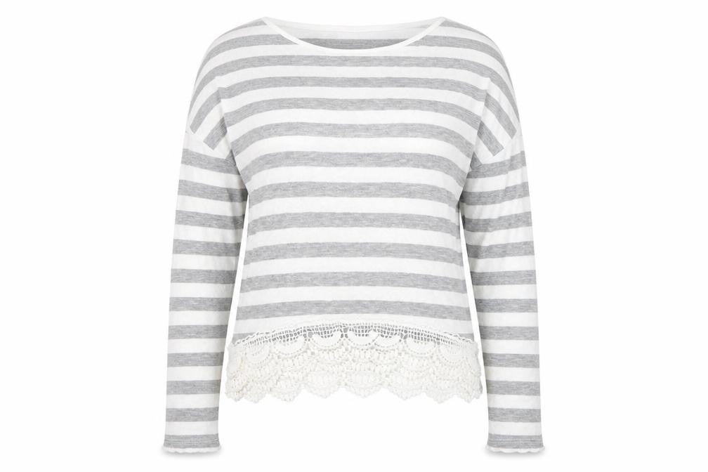 Front view of Preworn women’s multicoloured round neck striped viscose jumper, size UK 8
