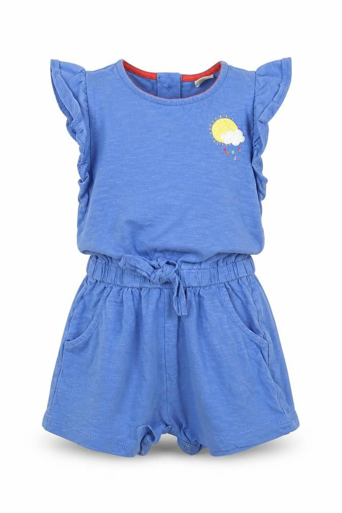 Front view of Tu Baby Blue Cotton Romper One-Piece, size 9-12, Months Snap