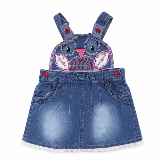 Front view of M&Co Baby Blue Cotton Pinafore/Dungaree Dress, size 9-12, Months Square Neck Button - Owl