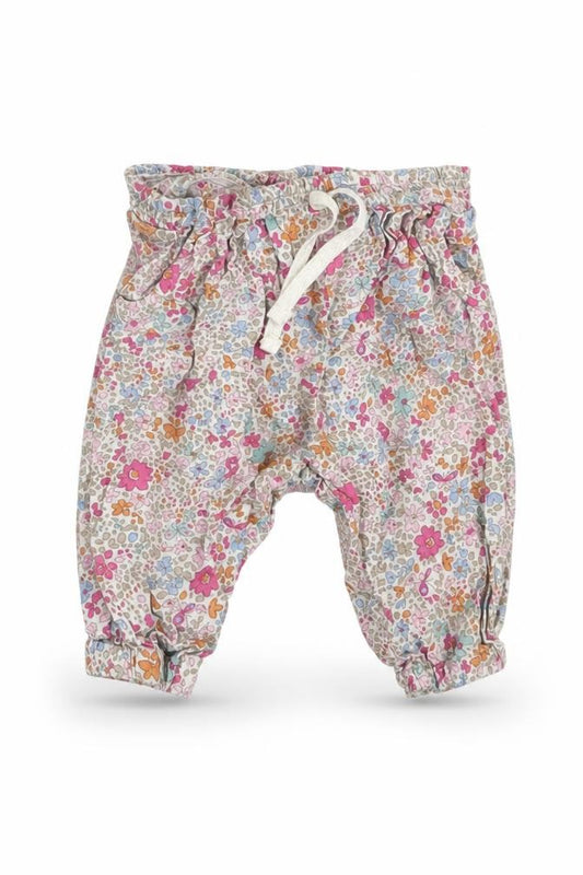 Front view of Next Baby Multicoloured Floral Viscose Jogger Trousers, size 3-6, Months Drawstring