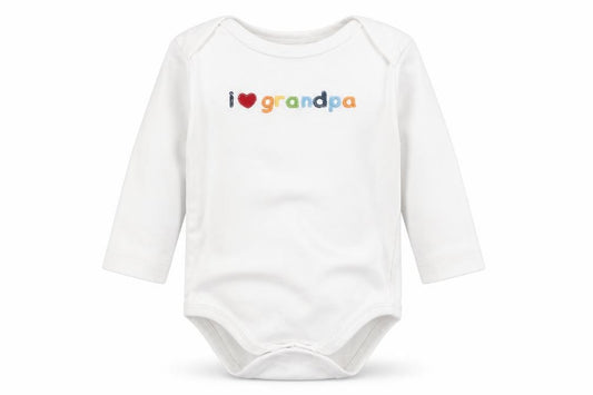 Front view of Gymboree Baby White Cotton Romper One-Piece, size 6-9, Months Snap - I Love Grandpa