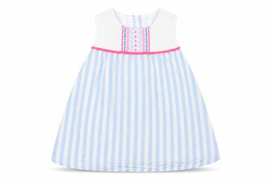Front view of Matalan Baby Blue Striped Cotton A-Line, size 12-18, Months Round Neck Button