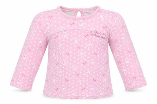 Front view of George Baby Pink Polka Dot Cotton Basic Blouse, size 9-12, Months Crew Neck Button - Bunny Print