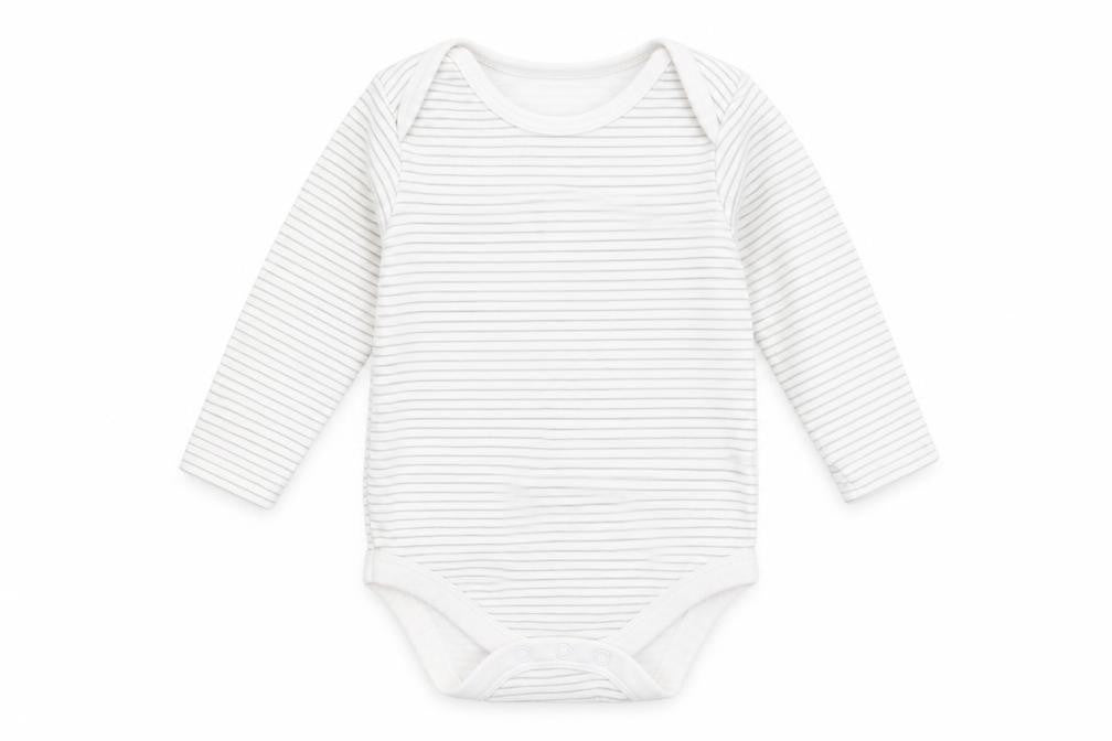 Front view of Tu Baby White Striped Cotton Romper One-Piece, size 9-12, Months Snap