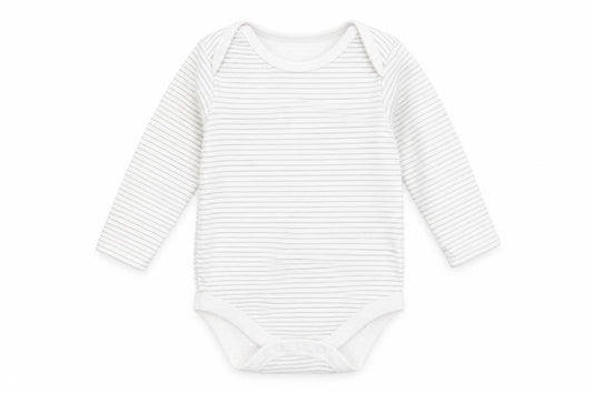 Front view of Tu Baby White Striped Cotton Romper One-Piece, size 9-12, Months Snap